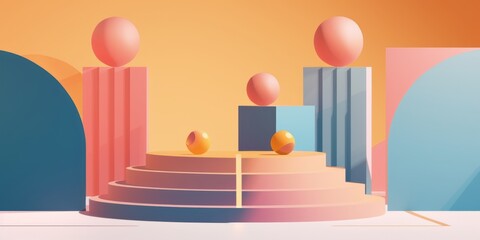 Fototapeta premium Modern abstract scene featuring geometric shapes and spheres in pastel hues, creating a visually striking composition.