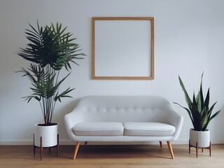 A minimalist living room setting. Dominating the space is a light gray sofa with wooden legs, positioned against a white wall. Above the sofa, there's a rectangular wooden frame, presumably for a pict