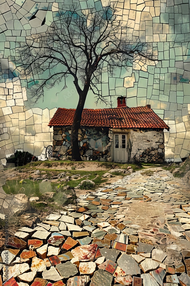 Poster a unique stone cottage with a mosaic pathway and a bare tree, set against a dramatic cloudy sky, cre