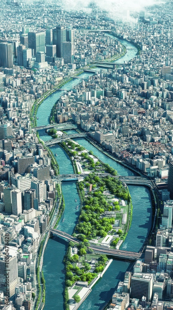 Poster aerial view of a city with a river flowing through it. the river splits into two branches, creating 