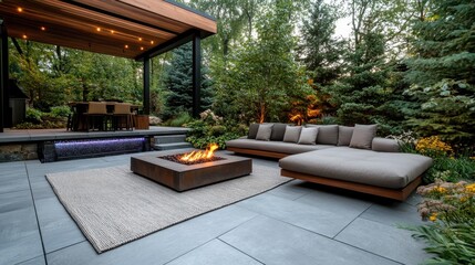 Chic outdoor lounge featuring a modern fire pit surrounded by lush greenery, providing a tranquil and stylish setting for relaxation and entertainment.