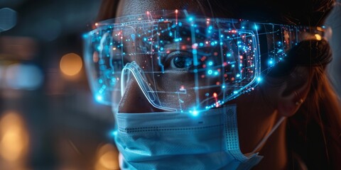 Fototapeta premium Close-up of a person wearing futuristic augmented reality glasses with a digital interface display, showcasing holographic data, innovation