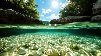 A stunning underwater perspective showcasing clear pebbles beneath a crystal-clear surface, surrounded by lush greenery and the sun shining brightly overhead.