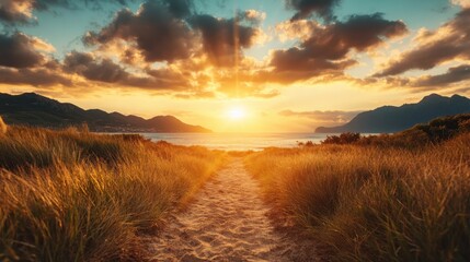A tranquil pathway leading through tall grasses to a mesmerizing sunset over a peaceful beach, with vibrant clouds populating the evening sky in breathtaking colors.