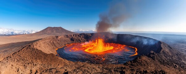 Erupting volcano with lava flow and smoke under clear blue sky.