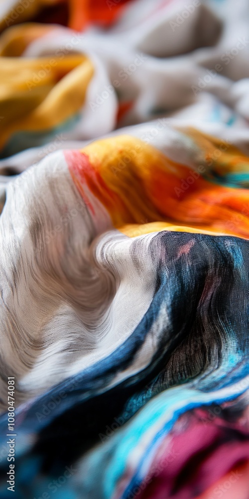 Poster a colorful scarf with a swirl pattern. the colors are bright and bold, creating a sense of energy an