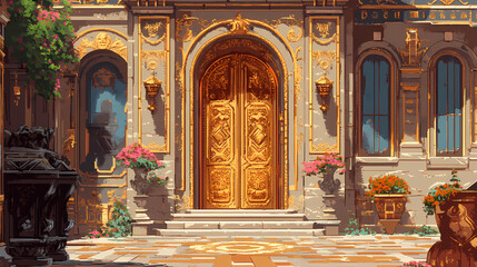 Obraz premium An opulent courtyard house with gilded fixtures and a elaborately carved generative ai. Opulent. Illustration