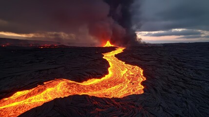 Lava flowing from a volcano under a dramatic sky, showcasing nature's power.