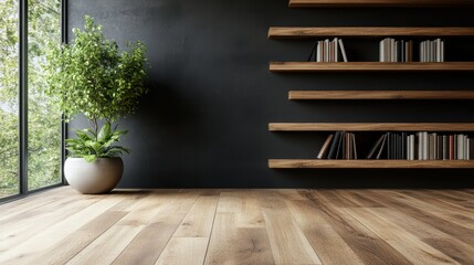Featuring a modern interior design, this image shows a dark accent wall with wooden bookshelves and a bright green plant, offering a sleek and stylish atmosphere.