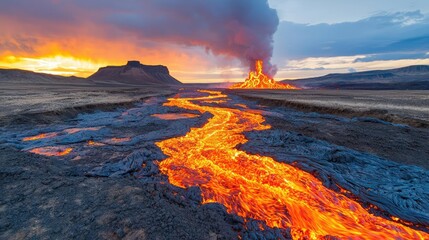 Fototapeta premium Lava flow under a dramatic sunset sky, displaying natural beauty and volcanic activity.