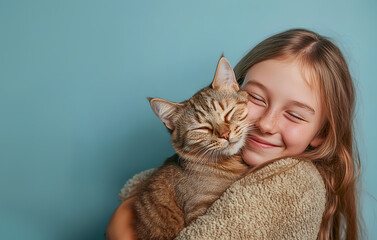 Young smiling happy cheerful owner little girl with her cat