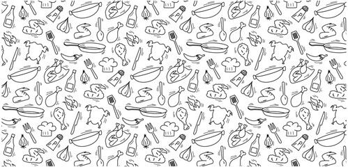 fried chicken doodle seamless pattern background, cooking kitchen utensil icon hand drawing messy sketch
