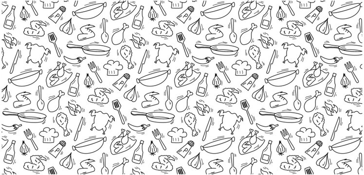 fried chicken doodle seamless pattern background, cooking kitchen utensil icon hand drawing messy sketch