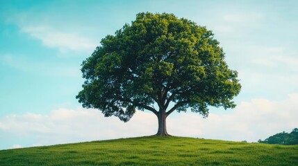 Fototapeta premium Lone tree on a grassy hill under a bright blue sky.