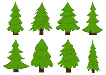 Christmas tree holiday sticker green cartoon set. Flat modern party simple pattern greeting card traditional collage forest design. Festive object different shape evergreen newyear decorative isolated