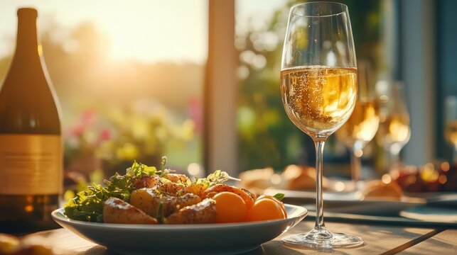 A gourmet meal served on a table with a glass of wine, surrounded by natural light from the golden hour, promoting warmth, high-class dining, and relaxation.
