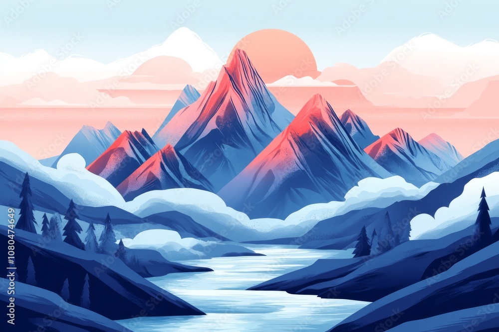 Poster a mountain range with a river running through it. the mountains are covered in snow and the sun is s