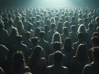 Obraz premium Mysterious Crowd, Back View, Blue Clothing, Hazy Light, Ethereal Glow, Anonymity, Collective, Unity, Mass, Dreamlike, Otherworldly