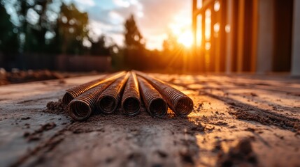 A close-up view of steel rebar rods lying on a construction site during sunset, evoking themes of industrial progress, hard work, and future development.
