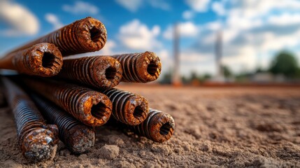 A collection of rusted rebar rods resting at a construction project site, symbolizing the passage of time, durability, and the raw beauty of industrial materials.