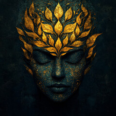 Serene Portrait with Golden Plant Crown Symbolizing Wisdom and Growth