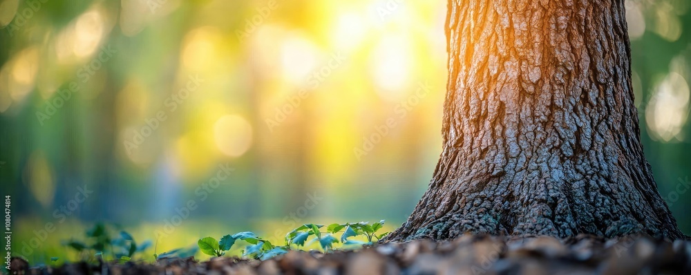 Poster a close-up of a tree trunk with sunlight filtering through a lush green forest.