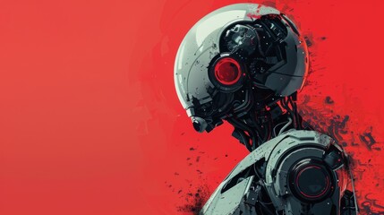 A robot with red and black colors. The robot is wearing a helmet and has a red background
