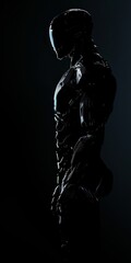 A sleek, black robotic figure stands in profile against a dark background, showcasing futuristic design and advanced technology.