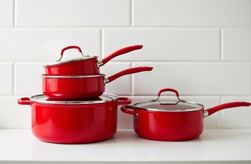 Set of red dishes. Pots and pans on white background