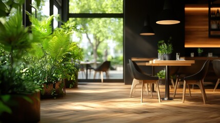 A serene cafe setting featuring lush green plants, stylish tables, and wooden flooring. The large windows offer natural light, creating a calm atmosphere.