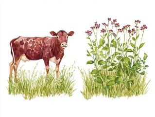Cow standing in grass beside blooming flowers, white isolate background