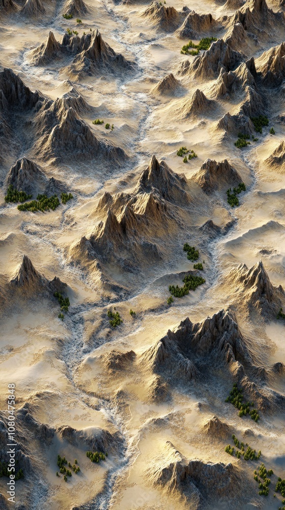 Poster aerial view of a rugged mountain range with a winding river flowing through it.