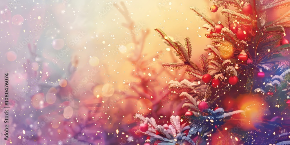Poster a tree covered in snow and red berries. the snow is falling on the tree and the berries are hanging 