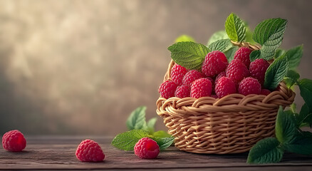 Fresh raspberries in a wicker basket with green mint leaves on a rustic table background