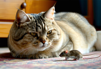 Naklejka premium Lazy fat cat is looking at mouse without interest.