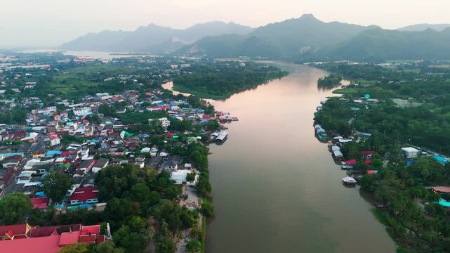 Aerial view at sunset of River Kwai in kanchanaburi Thailand 