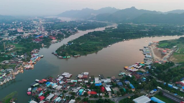 Aerial view at sunset of River Kwai in kanchanaburi Thailand 