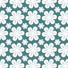 Seamless floral pattern with pretty white flowers on blue background.