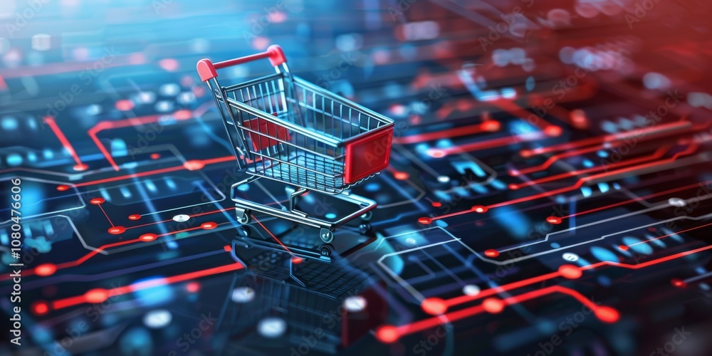 Poster a shopping cart is on a computer screen. the cart is red and silver