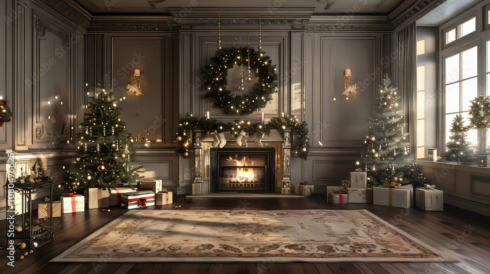 Poster a large room with a fireplace and a wreath on the mantle. there are two trees and a box of presents 