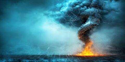 Tornado, funnel shape and its impact. A vivid scene of a swirling storm, combining elements of fire and water, creating a dramatic contrast in colors and movement.