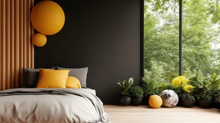 This contemporary interior integrates a peaceful palette of dark tones with vibrant yellow accents, abundant green plants in view, presenting a refreshing modern aesthetic.