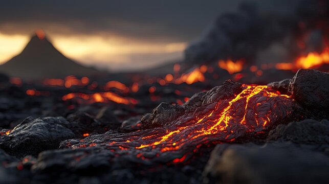 Lava flow from an active volcano under a dramatic sky, showcasing nature's raw power.