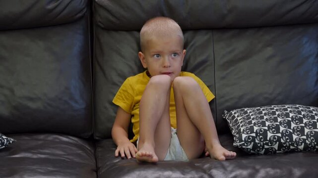 concentrated little child boy sitting on sofa and watching cartoon attentively on tv at home