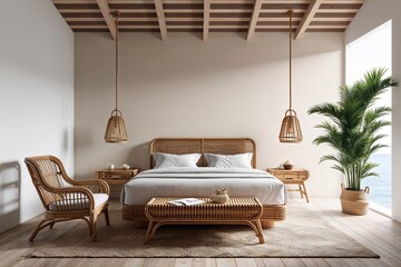 Coastal Bedroom Interior Mockup Featuring Rattan Furniture and Minimalist Wall Design