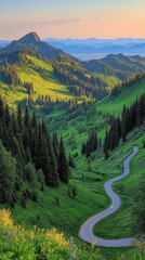A winding road meanders through a lush green valley, surrounded by towering mountains and dense forests. 