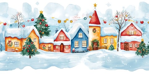 A picturesque winter village with colorful houses, snow, and festive decorations, capturing the essence of a holiday wonderland.