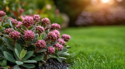 A cluster of pink flowers stands in focus against a verdant meadow, under direct sunlight, capturing a moment of natural beauty and simplicity in the open field.