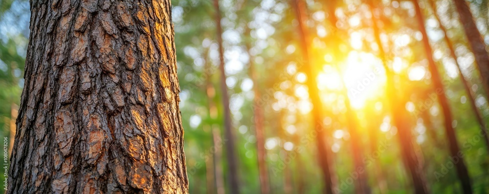 Poster tree bark with sunlight filtering through forest, creating a serene atmosphere.
