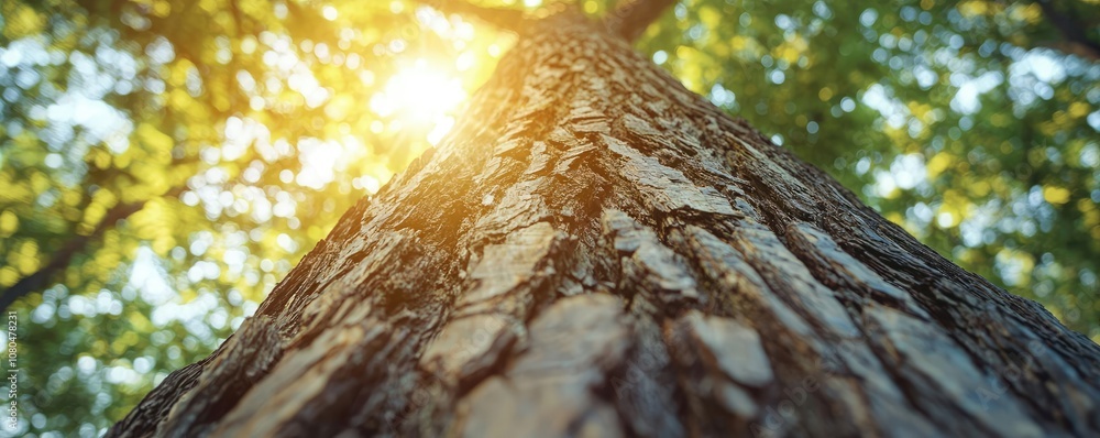 Poster sunlight filtering through leaves on a tall tree trunk from a low angle.